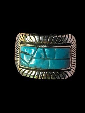 Vintage Sterling Silver Turquoise Rectangular Geometric Inlay Ring Sz 8.25 NWT